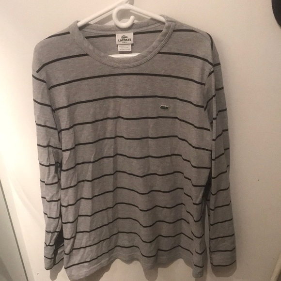 Fantastic Lacoste Textured Long Sleeve Shirt Grey w/ black stripes Slim Fit SZ 7 - Picture 2 of 4